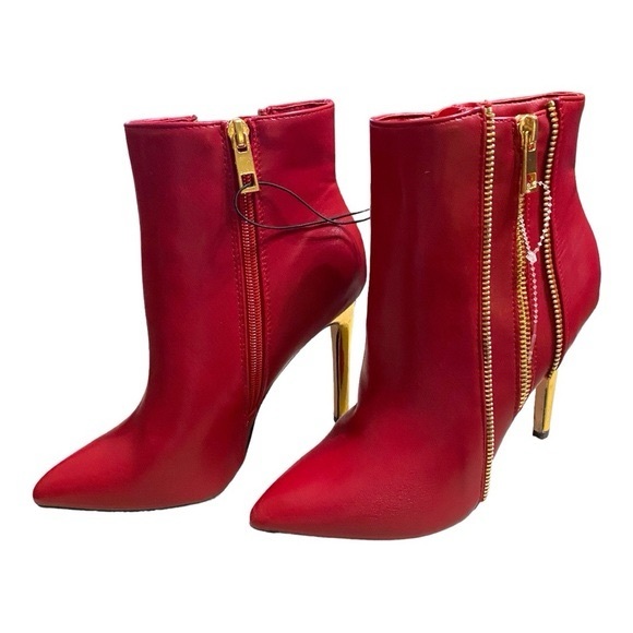 Catherine Malandrino "Zippo" Red Ankle Boots Gold Stiletto Heel - Picture 3 of 6